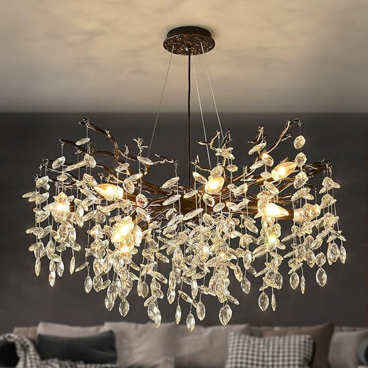 EGM Tree Branch Crystal Chandelier, 32 Inch Living Room Black Crystal Chandelier 10-Light(E12), Hanging Branch Chandeliers for Dining Room Bedroom Foyer