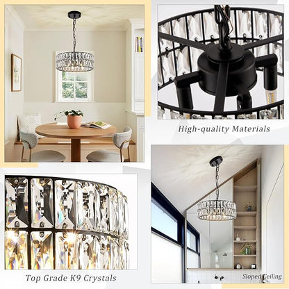 Crystal Pendant Light 4-Light Modern Black Chandelier Small 12” Crystal Semi Flush Mount Ceiling Light Round for Kitchen Island Foyer Hallway