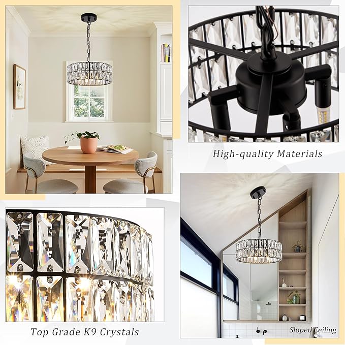 CATINER 3-Pack Black Crystal Pendant Light 4-Light Modern Chandelier Small 12” Crystal Semi Flush Mount Ceiling Light Round for Dining Room Kitchen Island Foyer Hallway