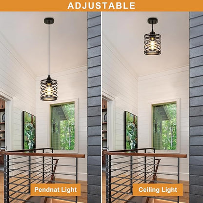 WILON Farmhouse Pendant Lights for Kitchen Island,5.9'' Spiral Cage Pendant Lights,Adjustable Black Industrial Pendant Light Fixtures Retro Lighting for Kitchen Island, Living Room, Bedroom (1-Light)