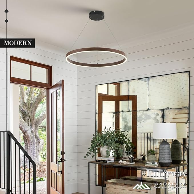 LED Ring Chandelier Walnut Wood Chandelier 24in Dimmable Round Foyer Chandeliers Light Modern Circular Chandeliers Wood-Printed Adjustable Pendant Light Fixture for Dining Room Entry Bedroom Office