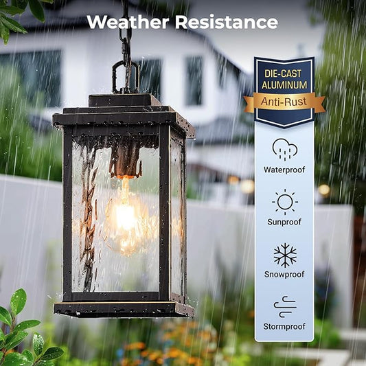 VIANIS Large Outdoor Pendant Light Fixtures with Water Glass, Anti-Rust Waterproof Hanging Light Fixture with Adjustable Wire, Easy-to-Install Outdoor Hanging Lantern for Porch, Garden, Garage