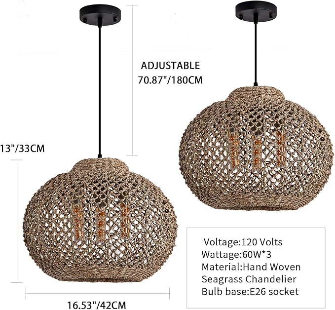 3-Light Rattan Pendant Light, 16.54" Hand-Woven Wicker Chandelier, Boho Basket Pendant Light for Dining Room Bedroom, Living Room, Bedroom, Kitchen, Farmhouse