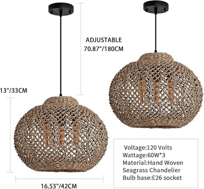 3-Light Rattan Pendant Light, 16.54" Hand-Woven Wicker Chandelier, Boho Basket Pendant Light for Dining Room Bedroom, Living Room, Bedroom, Kitchen, Farmhouse