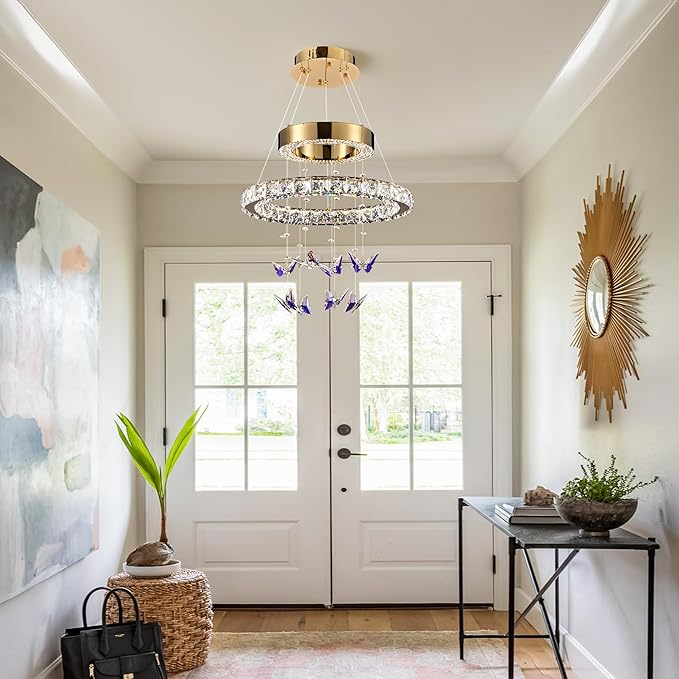 D 18" LED Gold Crystal Butterfly Chandelier, Dimmble LED Light Fixtures with Remote, Gold Modern Round Ring Crystal Chandeliers, for Dining Room, Kitchen Island, Entryway, Living Room, Bedroom