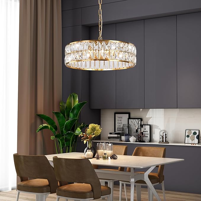Crystal Pendant Light Modern Chandelier Crystal Semi Flush Mount Ceiling Light Round for Kitchen Island Foyer Hallway