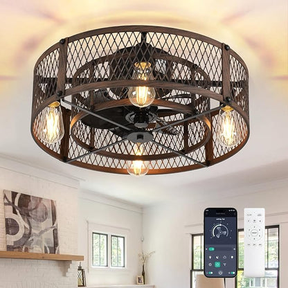Depuley Flush Mount Ceiling Fan: 20" Caged Ceiling Fans with Lights and Remote App Control for Kitchen Bedroom Farmhouse - Rustic Low Profile Ceiling Fandelier Lights Reversible 6 Speed Timer Walnut