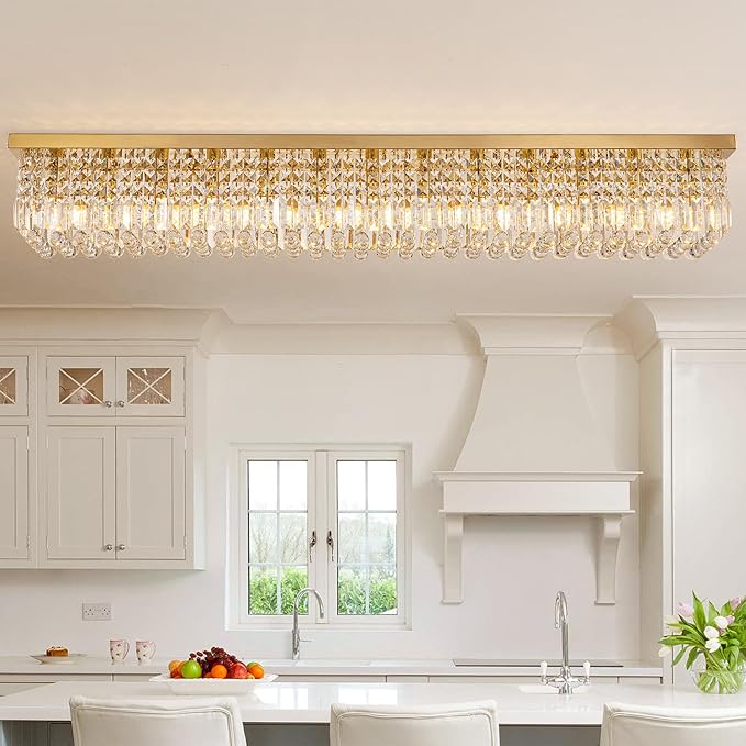 59-inch Modern Crystal Chandelier,13-Light K9 Crystal Rectangle Chandelier for Dining Room,Kitchen Island Adjustable Hanging Pendant Light Fixture,Gold Brass