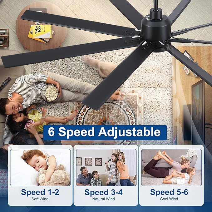 Rayqueen 72 Inch Large Ceiling Fans with Lights and Remote, Black Blades, 3CCT Dimmable LED, 6-Speed Reversible DC Motor, Ultra Quiet, 3 Timers for Living Room, Great Bedroom & Covered Outdoor