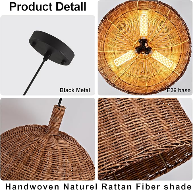 HUEHENGHAO 3-Light Dark Brown Rattan Pendant Light, 13.78" Basket Chandelier Farmhouse Wicker Pendant Light, Basket Wicker Chandelier for Dining Room Kitchen Island Living Room Famhouse