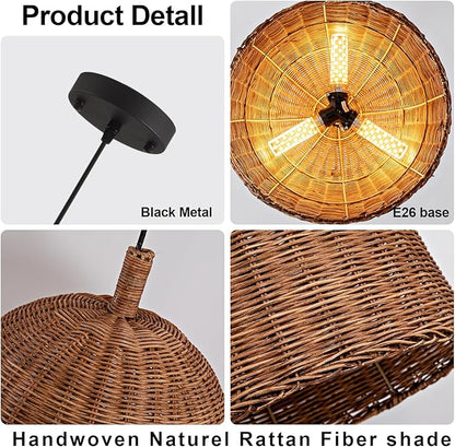 HUEHENGHAO 3-Light Dark Brown Rattan Pendant Light, 13.78" Basket Chandelier Farmhouse Wicker Pendant Light, Basket Wicker Chandelier for Dining Room Kitchen Island Living Room Famhouse