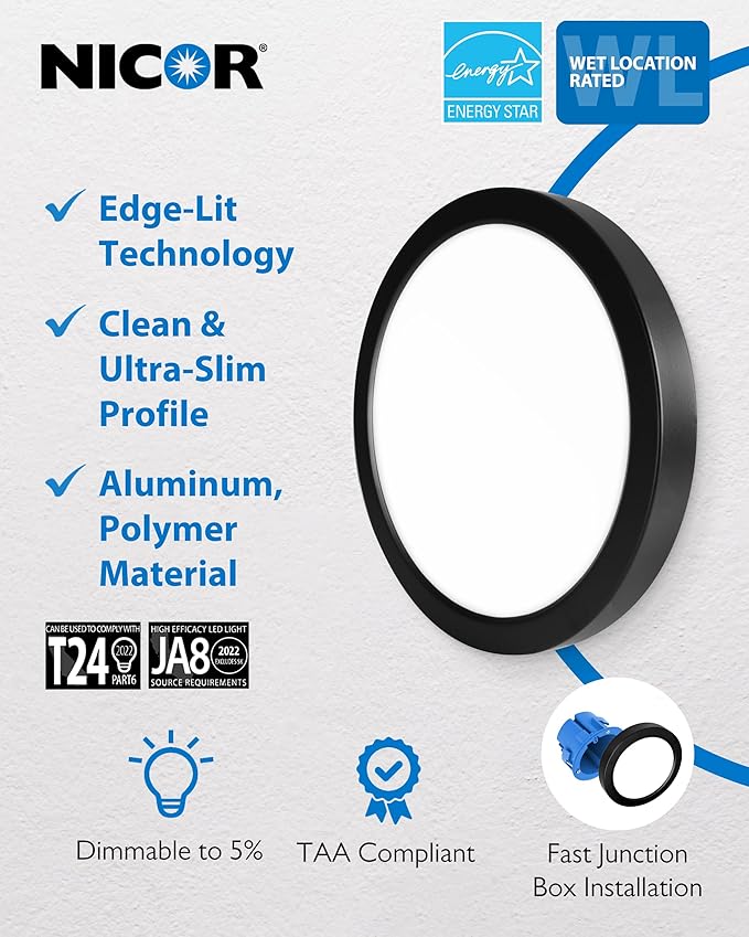 8” Round LED Surface Mount Ceiling Light - Dimmable Ceiling Light for Kitchen - Selectable CCT 2700K-5000K, 948-989 Lumens, 15.6W - DSE Edge-Lit Downlights for Ceiling, Black by NICOR Lighting