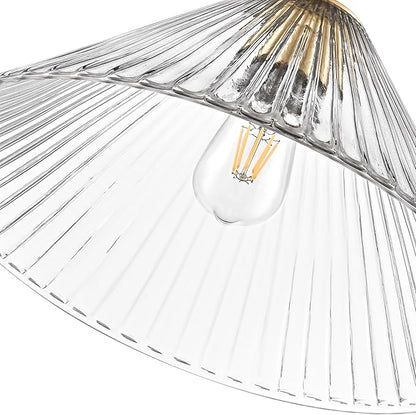 15.7 Inch Modern Pendant Lights, Ribbed Clear Glass 1-Light Single Pendant Lighting Fixtures, Cone Minimalist Ceiling Hanging Light for Kitchen Island Dining Room Over Sink Table Hallway