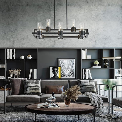 WUZUPS Island Rectangle Chandelier 8-Light with Clear Glass Industrial Modern Farmhouse Linear Light Fixture for Dining Room Kithen Island, Width 33.5" Height 12.6", Black
