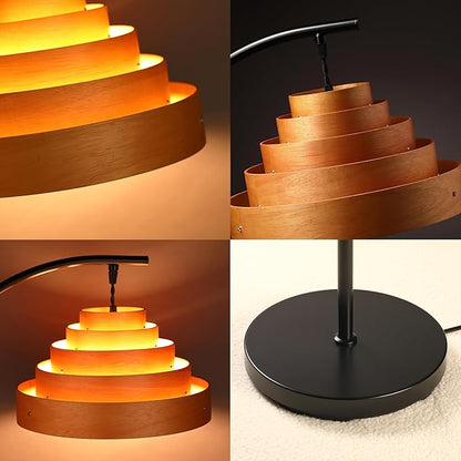 O’Bright Strata Wooden Floor Lamp - Mid Century Modern Standing Lamp with Layered Wood Shade, Tall Reading Lamp for Living Room, Bedroom, Office, Black, Light Oak, Cascade Shade