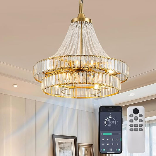 24" Modern Crystal Caged Fandelier, Smart Chandelier Fan with Remote and APP Control, Double Layer Ceiling Fan with Light for Dining Living Room Bedroom, Italian Design-Gold