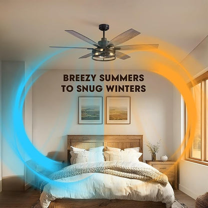Farmhouse 60 Inch Ceiling Fan with Remote and App Control, Quiet 6-Speed Reversible DC Motor, Black Cage Design for Bedroom, Living Room, Covered Patio
