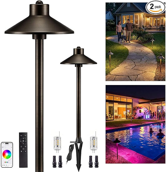 Gardenreet Brass RGBCW Low Voltage Path Light, 12v Smart Landscape Lighting with Dimmable Warm & Cool White 2700k-6500k LED G4 Bulb, App Control Multi-Color for Outdoor Walkway Yard, Bronze 2 Pack