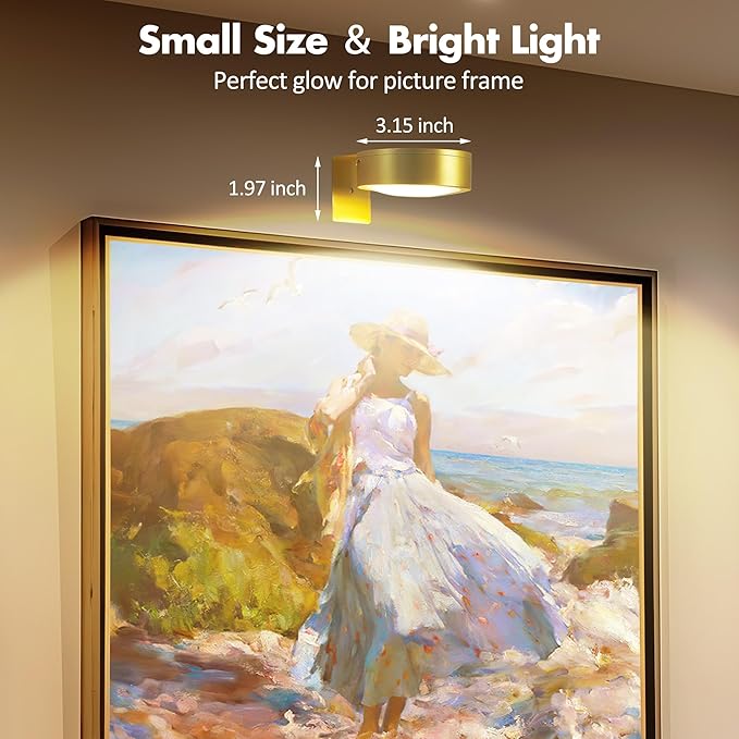 6Pcs Battery Operated Picture Light, Magnetic Led Painting Light with Remote Dimmable and Timer, 3 Lighting Modes Art Display Light for Picture Frame Paintings, Wireless Wall Decor Puck Lights, Gold