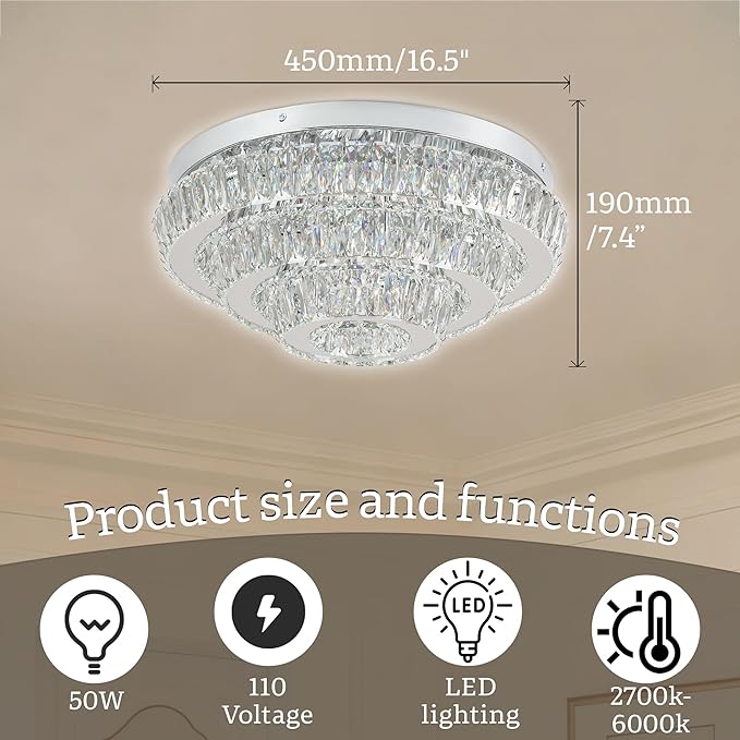 Modern 3-Tier Round Crystal Ceiling Light, 17.7" Flush Mount Chandelier, 3 Color Temperatures via Wall Switch, K9 Crystal LED Ceiling Lamp for Living Room Bedroom Dining Room Hallway, Non-Dimmable