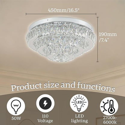 Modern 3-Tier Round Crystal Ceiling Light, 17.7" Flush Mount Chandelier, 3 Color Temperatures via Wall Switch, K9 Crystal LED Ceiling Lamp for Living Room Bedroom Dining Room Hallway, Non-Dimmable