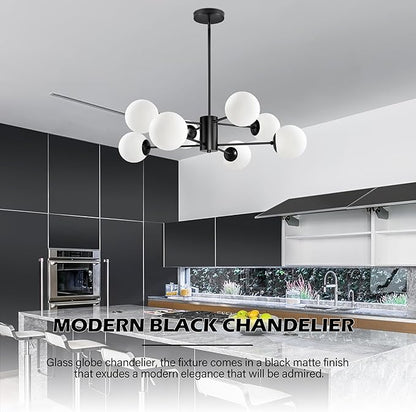 Bagood 8-Light Globe Sputnik Chandelier Black Mid Century Modern Light Fixture Matte Black Finished with White Frosted Globe Glass Lampshade Sputnik Chandeliers for Dining Room Bedroom Kitchen Island