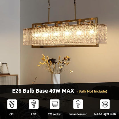 42" Gold Crystal Modern Chandelier for Dining Room, Chandeliers with Water Ripple Glass, Adjustable Chain Length,Luxury Rectangular Pendant Light Fixture for Kitchen Island Living Room