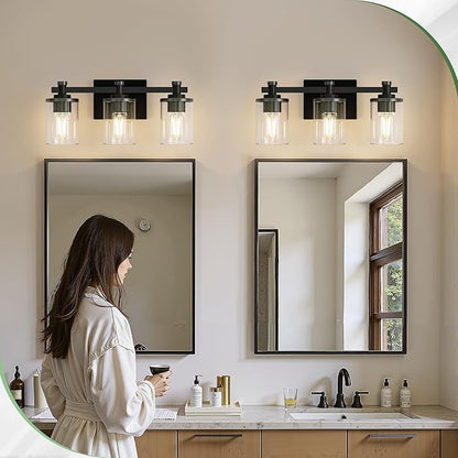 DORESshop 20 Inch Bathroom Light Fixtures, 3-Light Upgraded Matte Black Bathroom Lighting Fixtures Over Mirror with Clear Glass Shade, Vanity Lights for Bathroom Living Room Bedroom, ETL Listed