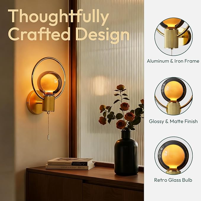 ALAMPEVER Modern Wall Sconce with Pull Chain, Metal Gold Wall Lights with G125 Glass Globe Bulb, Wall Mount Light for Enhancing Indoor Ambience in Bedroom, Living Room, and Hallway, 1 Pack