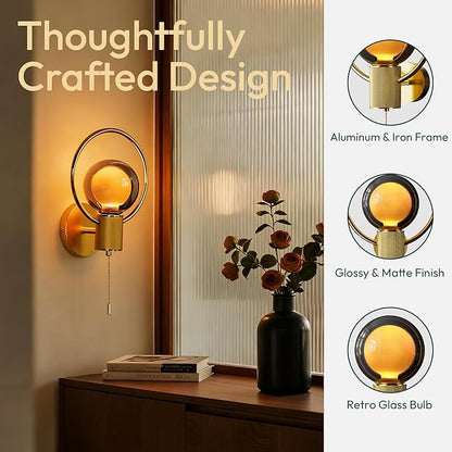ALAMPEVER Modern Wall Sconce with Pull Chain, Metal Gold Wall Lights with G125 Glass Globe Bulb, Wall Mount Light for Enhancing Indoor Ambience in Bedroom, Living Room, and Hallway, 1 Pack