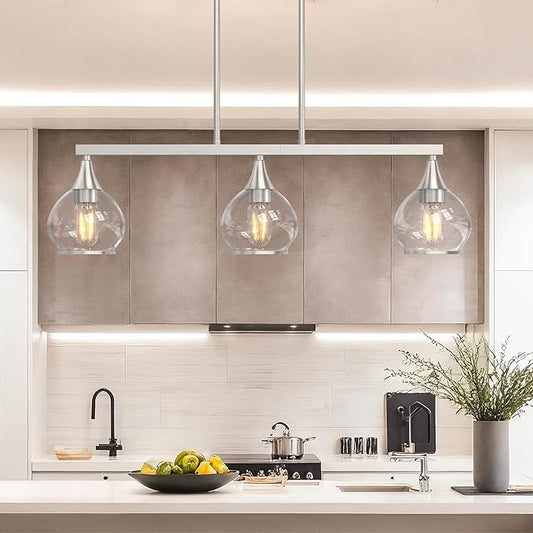 Kitchen Island Linear Pendant Light, 3-Light Modern Chandelier with Clear Glass Globe Shades, Linear Lighting Fixture Over Dining Table, Brushed Nickel