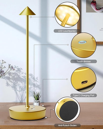 Cordless Table Lamps Rechargeable, 6000mAh Battery Operated LED Desk Lamp Outdoor Waterproof Portable Touch Dimmable Table Night Light for Patio Restaurant Dining Home Brass