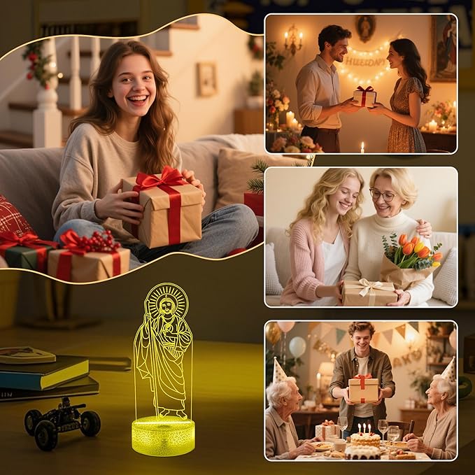 OkiyiD San Judas Tadeo Gifts, 3D San Judas Tadeo Night Light Illusion Lamp with 16 Colors Remote Control, St Jude Religious Prayer Gifts for Women Men Spiritual Decor