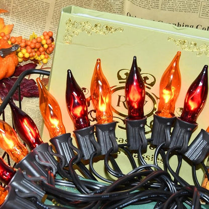 27.78 FT Halloween Ligths, C7 Clear Orange and Purple Flickering Flame String Lights Outdoor, E12 Screw Base, Flame String Lights for Fall Decor Halloween Decorations Outdoor Indoor Home Patio Party