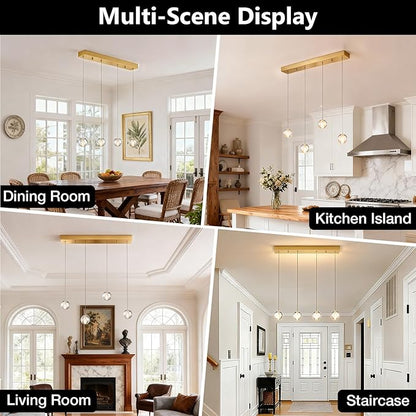 Brushed Gold 4 Lights Pendant Lights Kitchen Island Modern, Crystal Globe Hanging Dining Room Lights Over Table, Rectangular Chandeliers Over Sink for Living Room Hallway Bedroom