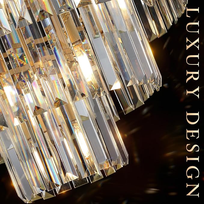 CATINER Modern Crystal Chandeliers,Gold 20” Round Chandeliers for Dining Room 3 Tiers 7 Lights Luxury K9 Crystal Ceiling Pendant Light Fixture for Foyer Bedroom Closet