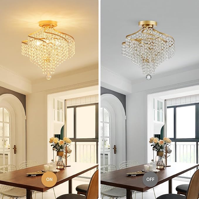 WUZUPS Crystal Chandelier Semi Flushmount Ceiling Light Modern Lighting Fixture for Bedroom Hallway Bar Kitchen Bathroom, H 14.7" x W 14.7", Gold, G9 Base
