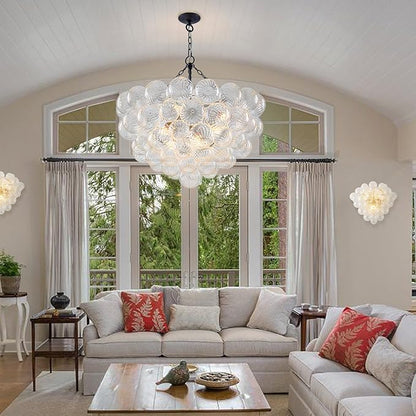 Hand Blown Glass Bubble Ball Chandelier Black Finish 32" Pendant Light Fixture Art Deco Cluster Ribbed Glass Swirled Globe Lighting for Bedroom Dining Room Restaurant Bathroom Entry