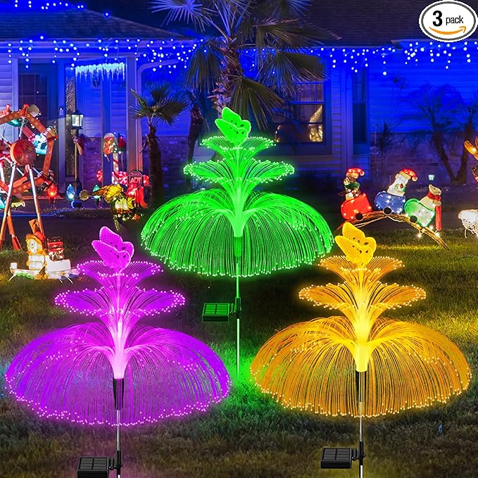 WEITEXS Solar Garden Lights 3 Pack New Upgraded Solar Lights Outdoor Waterproof 3 Layers 7 Color Changing Jellyfish Butterfly Decorations for Garden Yard Gifts for Women