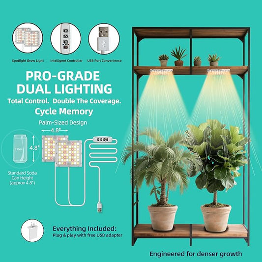 Dual Head Under Shelf Grow Light, USB Powered Stick On LED Under Cabinet Plant Light with Timer, Full Spectrum High PPFD Puck Lights for Shelves, Plant Stands, Indoor Plants, Multi-Plant Coverage