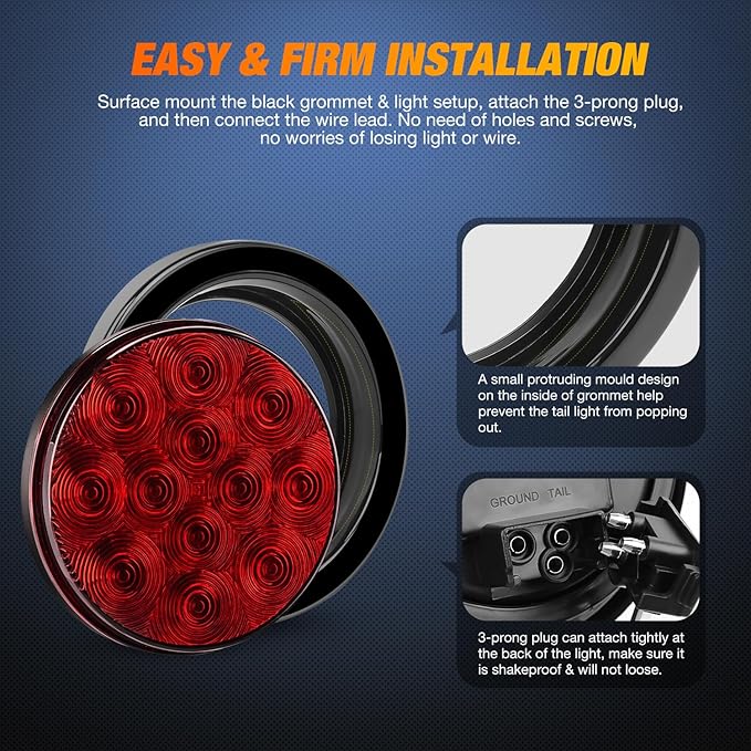Nilight - TL-18 2PCS 4" Round Red LED Trailer Tail Lights w/Surface Mount Grommet Plugs IP67 Stop Brake Turn Tail Lights for Truck Trailer RV Jeep