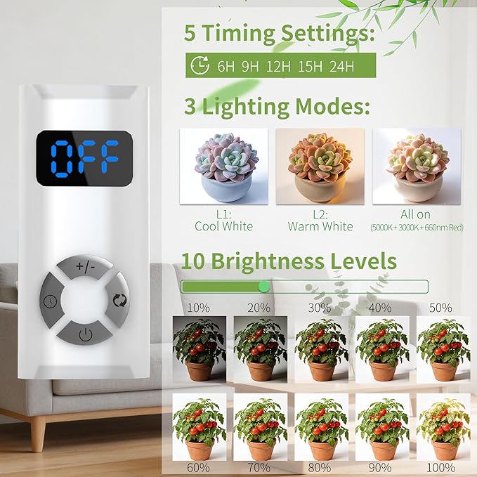 LED Grow Light for Indoor Plants, 30W Full Spectrum Puck Grow Light with Timer, Magnetic Plant Growing Lamp, 3 Lighting Modes & 10 Dimmable Brightness Levels for Plant Shelf and Cabinet, 3 Head(C30)