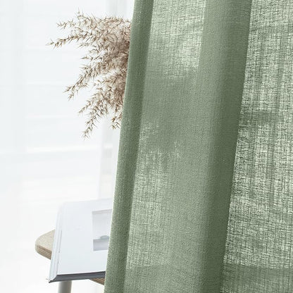 Melodieux Sage Green Semi Sheer Curtains 96 Inches Long for Living Room, Bedroom Faux Linen Texture Farmhouse Rod Pocket Shiny Sheer Curtains Drapes Light Filtering, 52" W x 96" L, 2 Panels