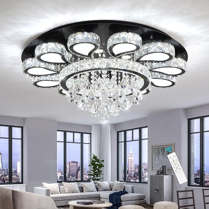 HAIXIANG Chandelier for Living Room Dining Room Modern LED Light Chandeliers Fixtures Remote Dimmbale Lighting Black Crystal Lights