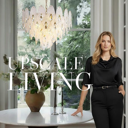 24" Tiered Chandelier, Modern Round 5-Tier Gold Chandeliers for Dining Room,9-Light Tiered Glass Luxury Contemporary Lighting Fixture Kitchen Island,Bedroom,Living RoomL24'' × W24'' × H16''