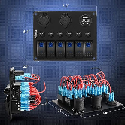 Nilight 6 Gang ON Off Rocker Switch Panel 12V Voltmeter Dual USB Charger Cigarette Lighter Socket For RV Truck Boat , 2 Years Warranty