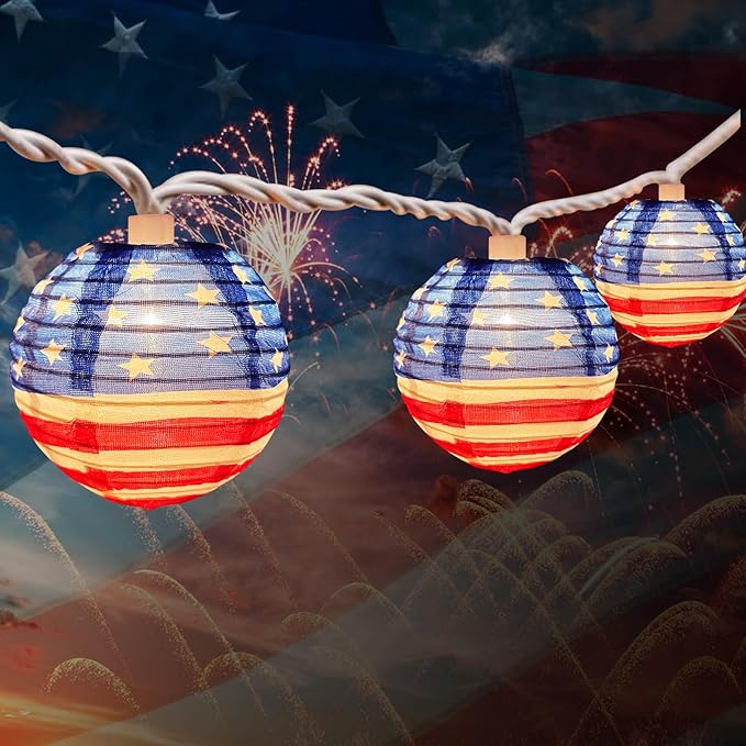 American Flag Lantern Lights Plug in, 8.5Ft 4th of July Decorations String Lights with 10 Mini USA Flag Lantern Lights, Hanging Indoor String Lights for Outdoor Independence Day Patriotic Party Decor