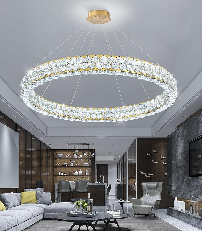 Modern Crystal Chandelier Large Ring Chandeliers for Living Room High Ceiling Chandeliers for Round LED Dimmable Ceiling Light Fixture for Foyer Lobby Bedroom Dining Room Gold