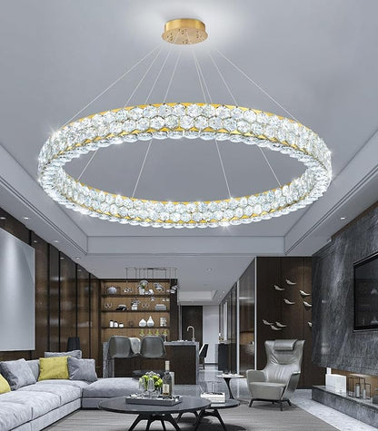 Modern Crystal Chandelier Large Ring Chandeliers for Living Room High Ceiling Chandeliers for Round LED Dimmable Ceiling Light Fixture for Foyer Lobby Bedroom Dining Room Gold