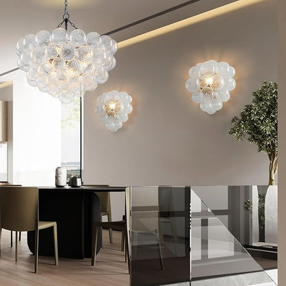 Hand Blown Glass Bubble Ball Chandelier Black Finish 32" Pendant Light Fixture Art Deco Cluster Ribbed Glass Swirled Globe Lighting for Bedroom Dining Room Restaurant Bathroom Entry